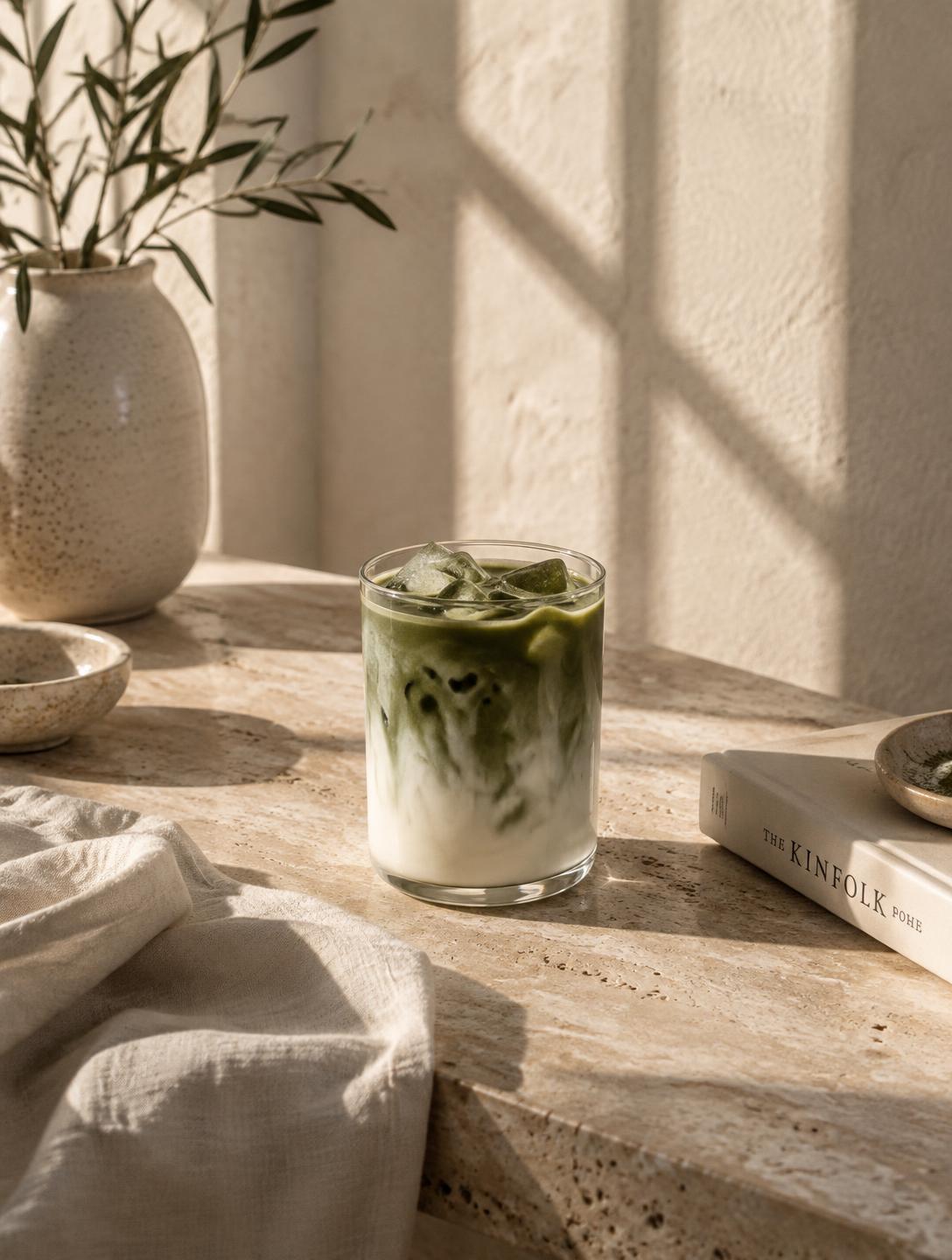 Matcha latte glacé sur une table en travertin
